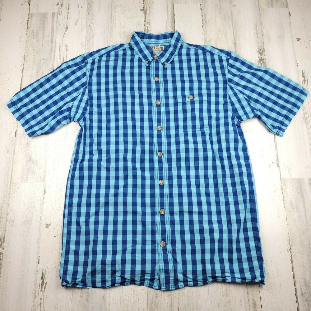 Duluth Trading Blue Plaid Shirt Short Sleeve Button Down Men's Size M Tall EUC